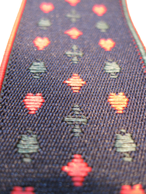 "Y" STYLE 1 1/2" Choose from Assorted SIZES from 5' 1" to  7' 4" Height. (42" to 60" long Straps)  PLAYING CARDS - RED HEARTS AND DIAMONDS, BLACK CLUBS AND SPADES ON NAVY BLUE BACKGROUND WITH RED AND BLACK EDGES. DELUXE SUSPENDERS-Cotton/Polyester Hand Washable-Hang to Dry Material.WITH GOLD GRIPS AND 2 LENGTH ADUSTERS    Y-PLA76B-#150